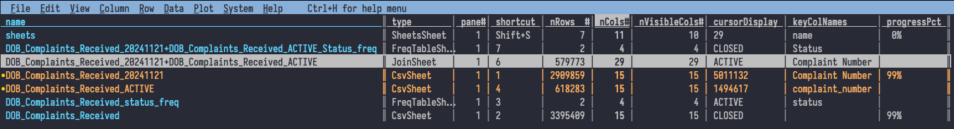 Visidata Sheets View